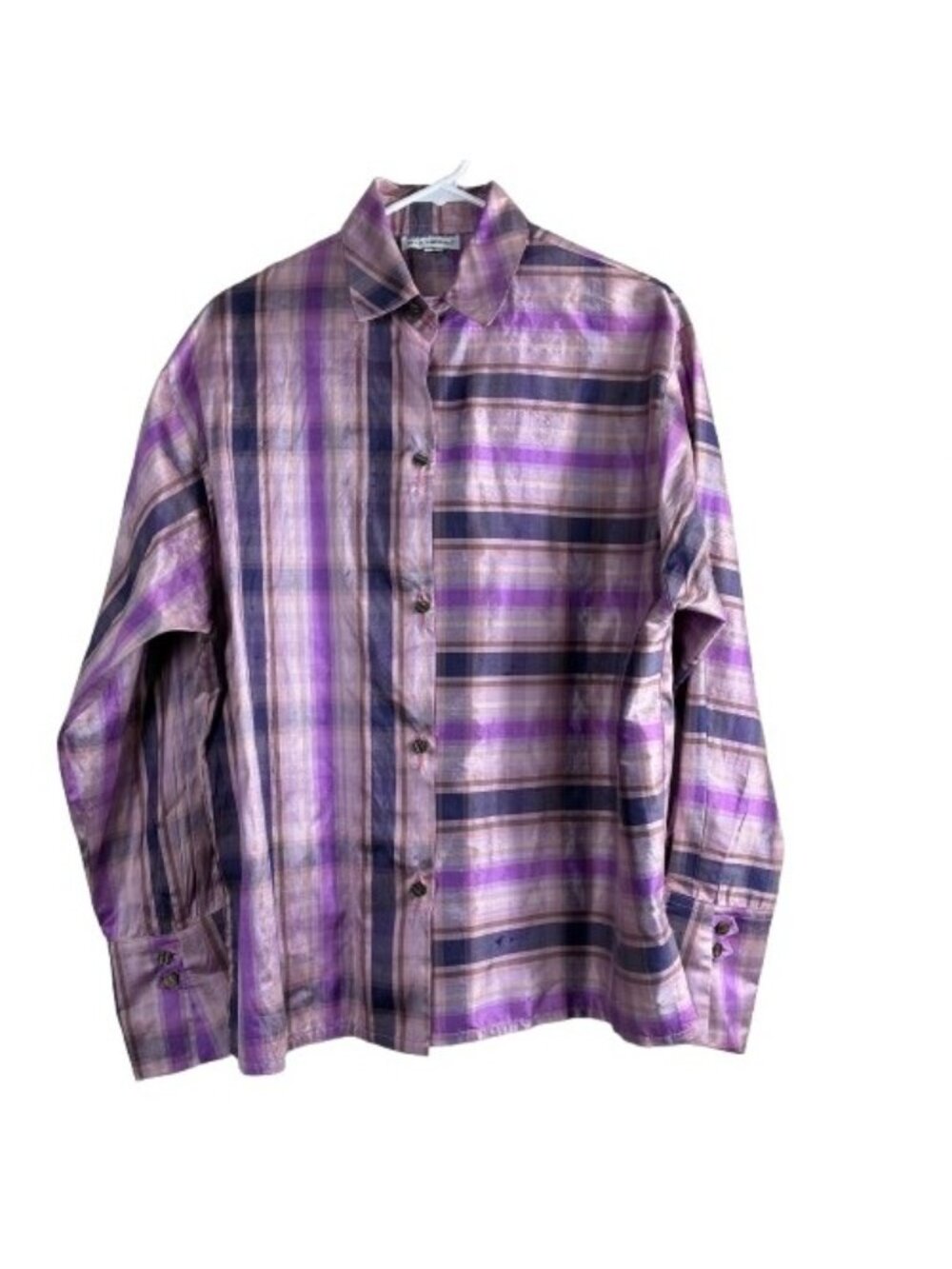 NEW VTG 90s Louis Simon Iridescent Purple Silk Plaid Shirt Mens XL